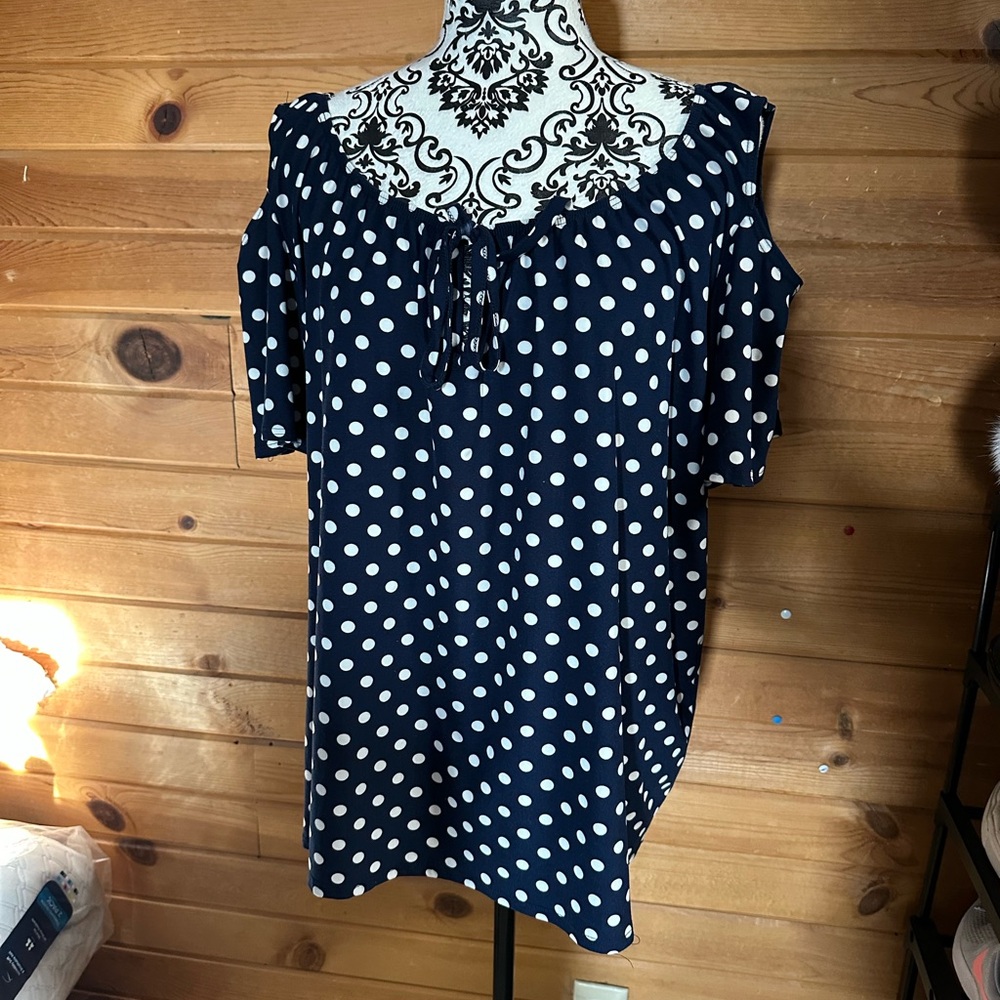 Star Vixen Navy and White Polka Dot Shirt